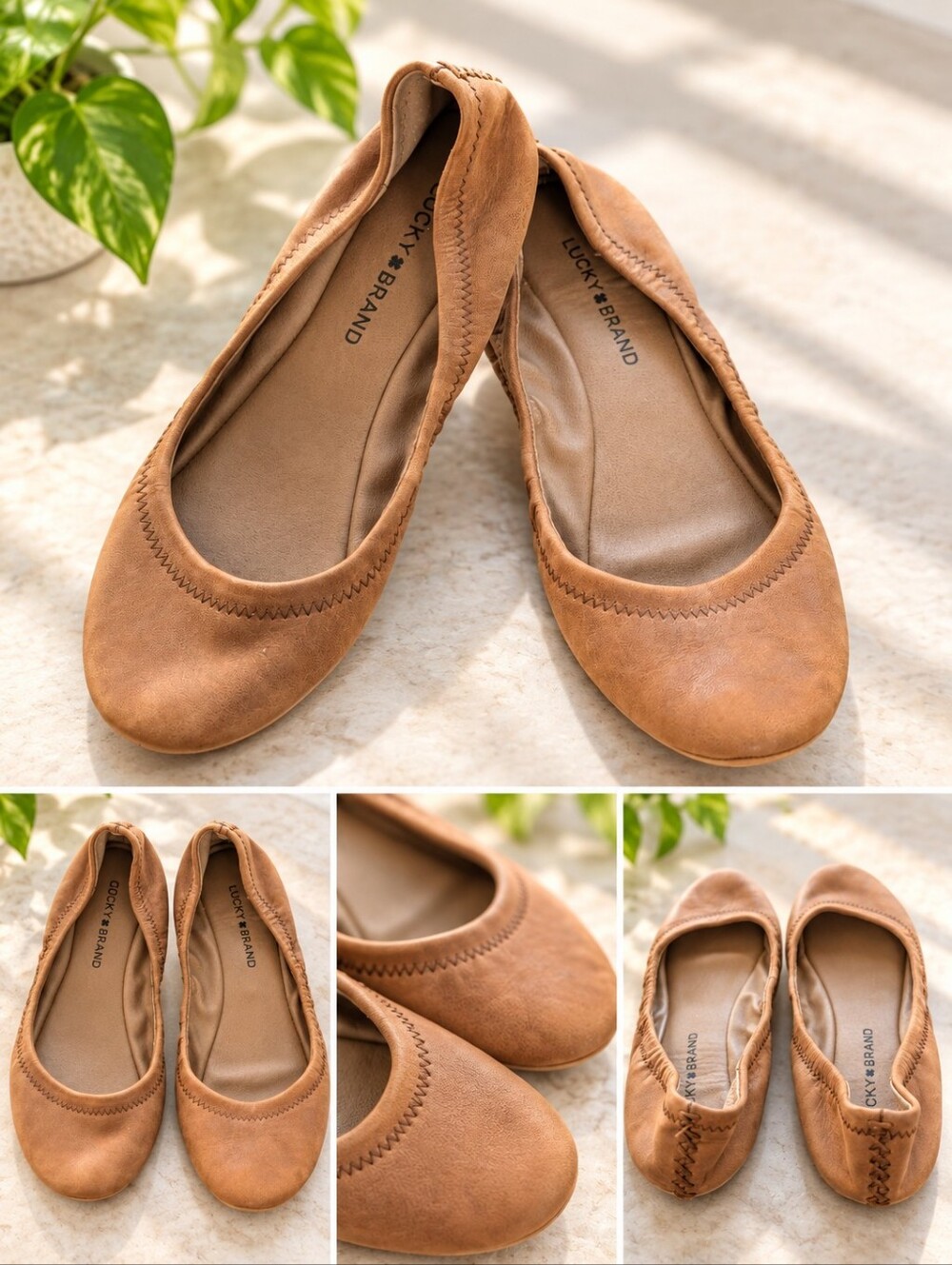 Lucky Brand Brown Leather Ballet Flats 7.5 Foldable Packable Travel Shoes